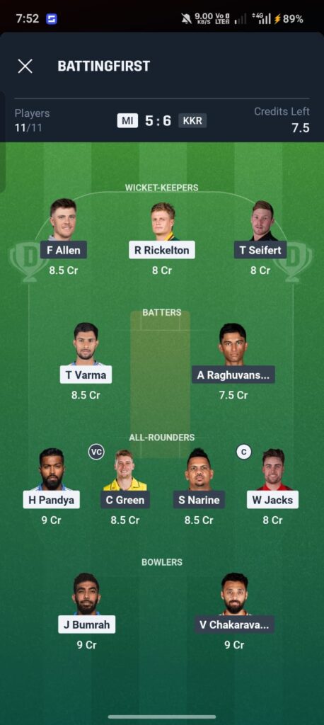 MI vs KKR Dream11 Prediction Today