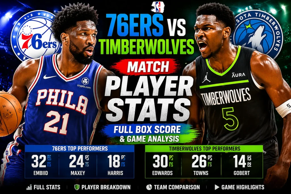 76ers vs Timberwolves match player stats showing full box score and analysis