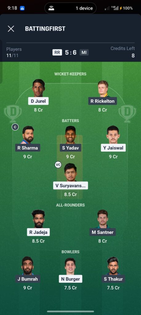 RR vs MI Dream11 Prediction Today 