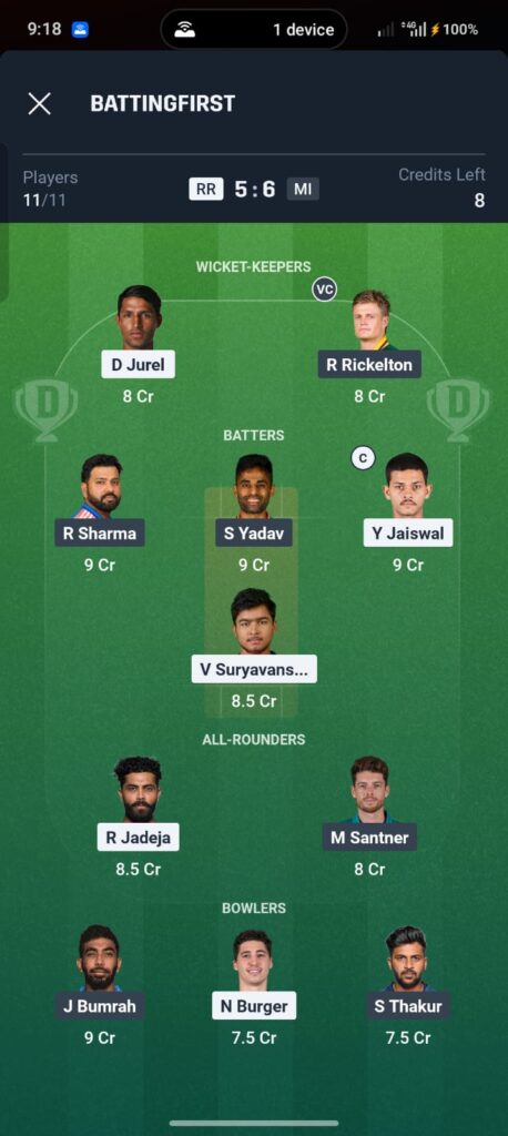 RR vs MI Dream11 Prediction Today 