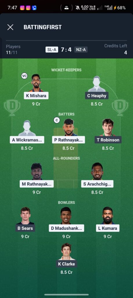 SL-A vs NZ-A Dream11 Prediction Today 