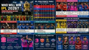 "IPL 2026 points table, team analysis and winner prediction after 12 matches infographic"