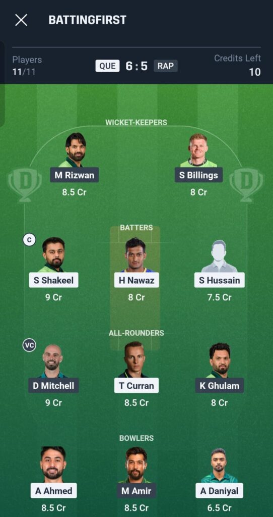 QUE vs RAP Dream11 Prediction Today Match