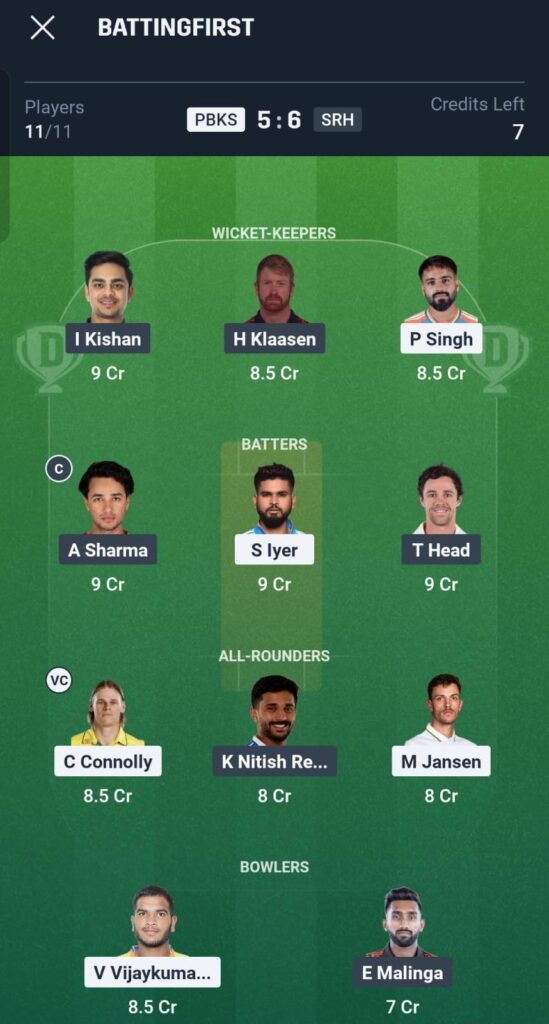 PBKS vs SRH Dream11 Prediction