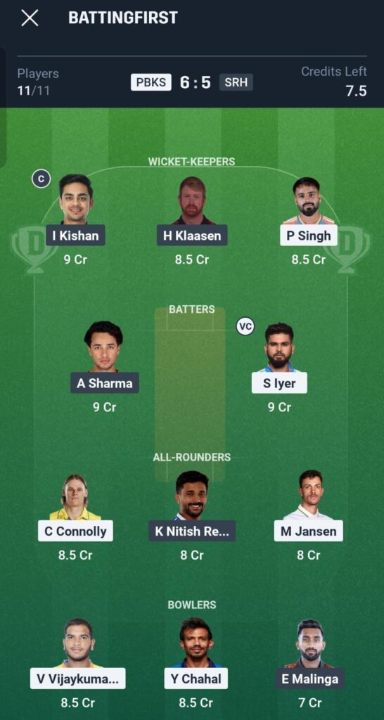 PBKS vs SRH Dream11 Prediction