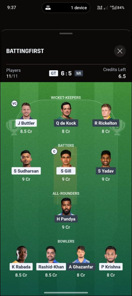 GT vs MI Dream11 Team Today
