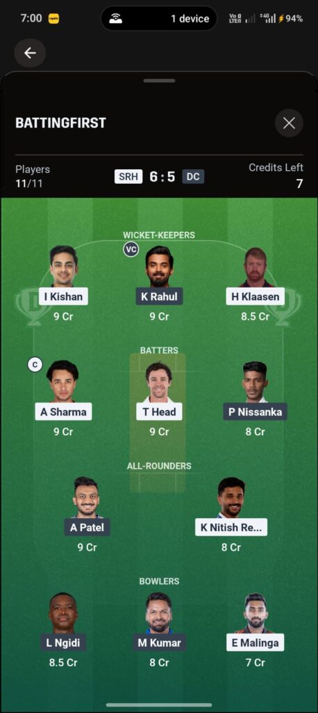 dream11 team srh vs dc 