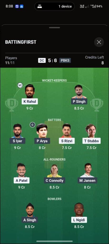 DC vs PBKS Dream11 Prediction Today Match