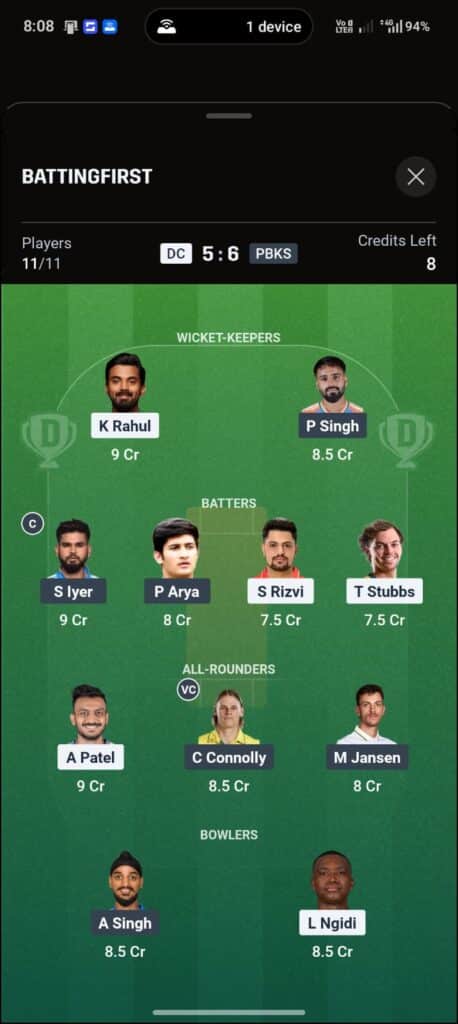 DC vs PBKS Dream11 Prediction Today Match