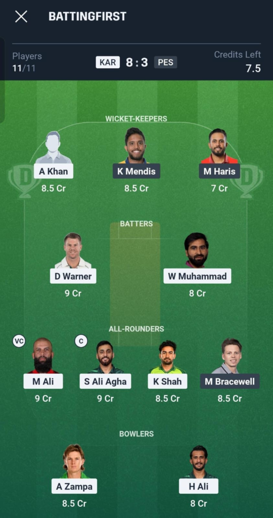 KAR vs PES Dream11 Prediction Today