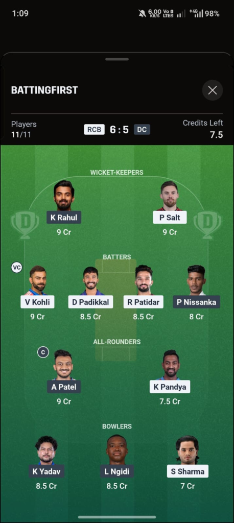 RCB vs DC Dream11 Prediction Today