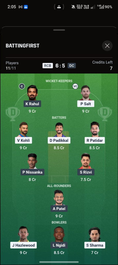 RCB vs DC Dream11 Prediction Today